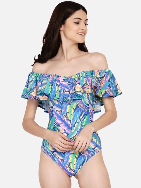 

Samshek Women Blue & Orange Printed Off-Shoulder Bodysuit