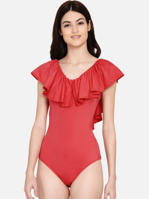 

Samshek Women Red Solid Ruffle Bodysuit