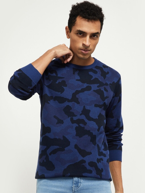

max Men Blue & Black Printed Pure Cotton Pullover Sweater