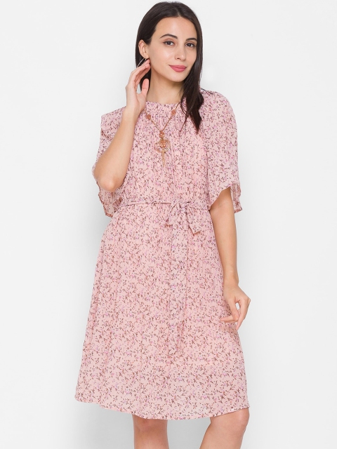 

ZOLA Peach-Coloured Floral Tie-Up Neck Chiffon A-Line Dress