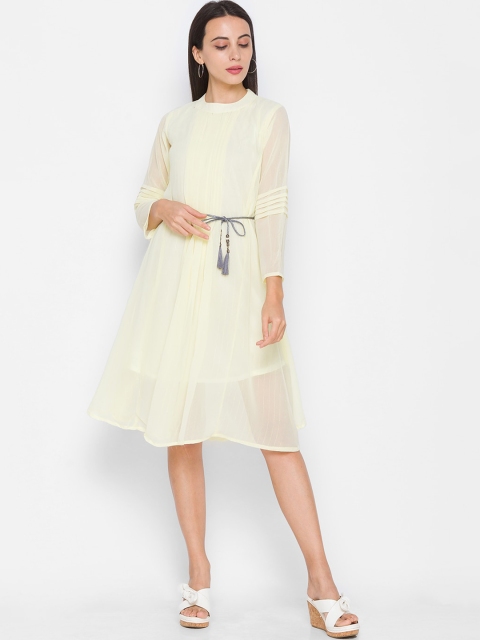 

ZOLA Women Yellow Solid High neck Chiffon Fit & Flare Dress