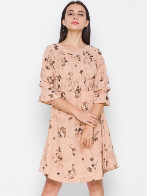 

ZOLA Women Tan & Brown Floral round Neck Empire Dress