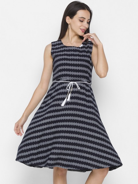 

ZOLA Blue & Grey Striped Round Neck Fit & Flare Dress