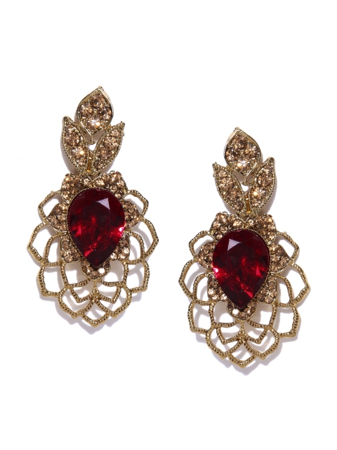 

Fida Gold-Toned & Maroon Stone-Studded Drop Earrings