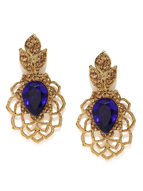 

Fida Antique Gold-Toned & Blue Embellished Drop Earrings