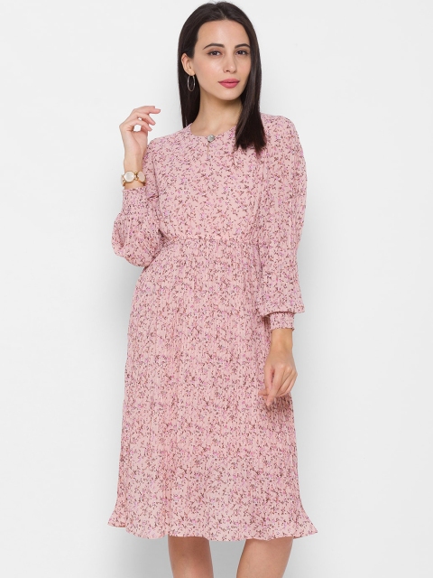 

ZOLA Pink & Brown Floral Keyhole Neck Chiffon A-Line Dress