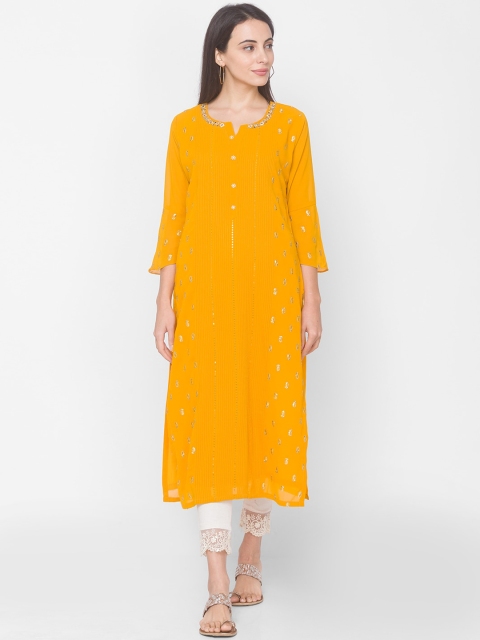 

ZOLA Women Mustard Yellow Embroidered Georgette Kurta