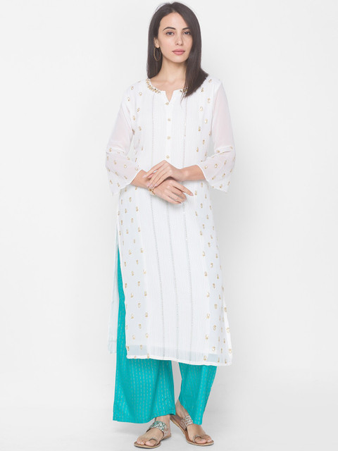 

ZOLA Women Off White Ethnic Motifs Printed Thread Work Georgette Kurta