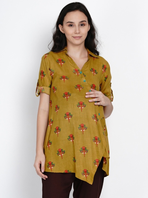 

Mine4Nine Mustard Yellow Floral Roll-Up Sleeves Regular Maternity Longline Top
