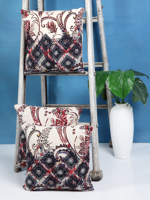 

I AM FOR YOU White & Blue Set of 3 Ethnic Motifs Square Pure Cotton Cushion Covers