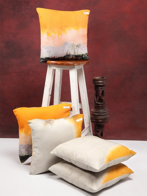 

I AM FOR YOU Yellow & White Set of 5 Abstract Square Pure Cotton Cushion Covers