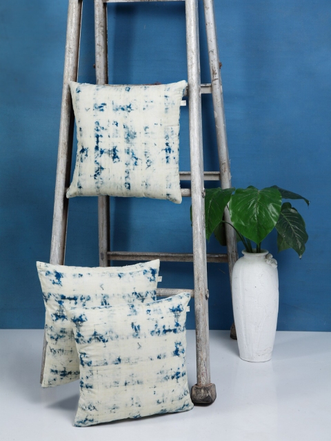 

I AM FOR YOU Off White & Blue Set of 3 Square Pure Cotton Cushion Covers
