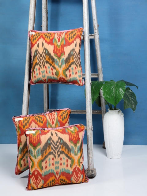 

I AM FOR YOU Brown & Red Set of 3 Abstract Square Pure Cotton Cushion Covers