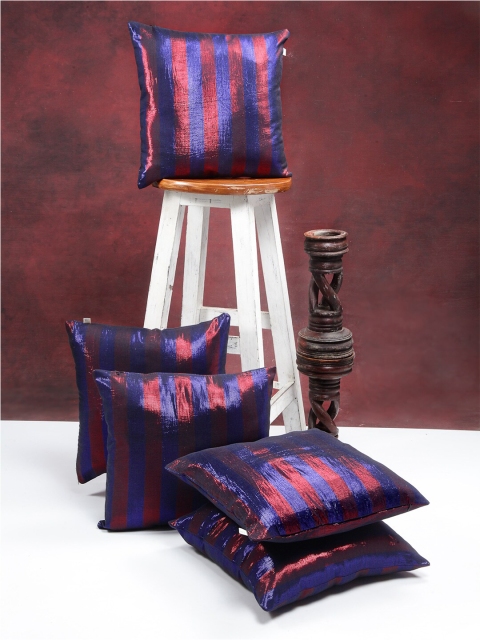 

I AM FOR YOU Navy Blue & Red Set of 5 Striped Square Pure Cotton Cushion Covers