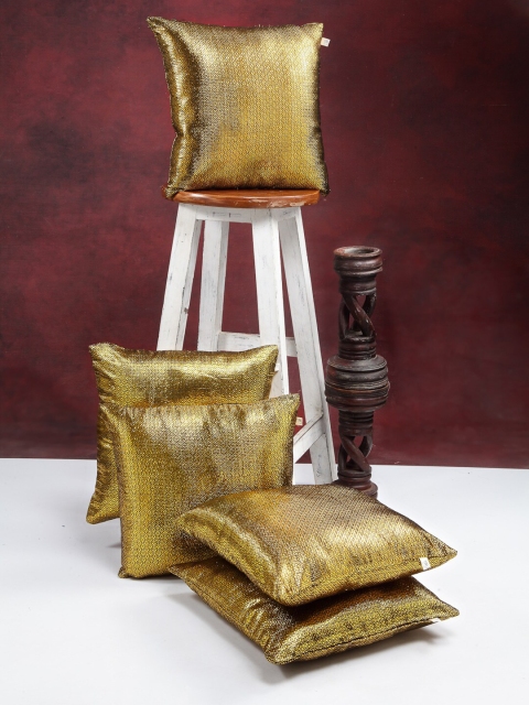 

I AM FOR YOU Gold-Toned & Silver-Toned Set of 5 Ethnic Motifs Square Cushion Covers