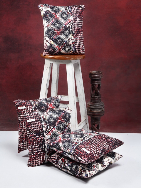 

I AM FOR YOU Red & Black Set of 5 Ethnic Motifs Square Pure Cotton Cushion Covers