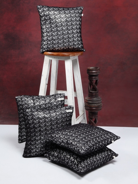 

I AM FOR YOU Black & Grey Set of 5 Ethnic Motifs Square Pure Cotton Cushion Covers