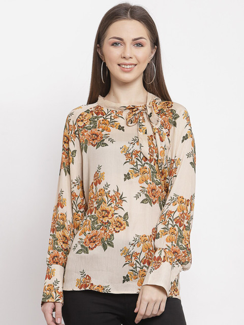 

Mafadeny Khaki Floral Tie-Up Neck Regular Top
