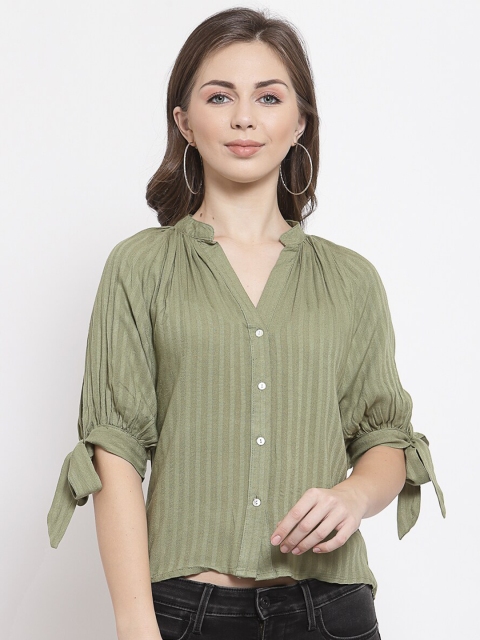 

Mafadeny Green Striped Mandarin Collar Shirt Style Top