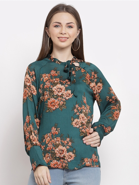 

Mafadeny Green Floral Tie-Up Neck Regular Top