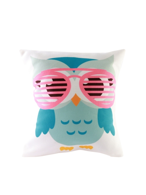 

Ferns N Petals Blue Owl Printed Square Cushion, White