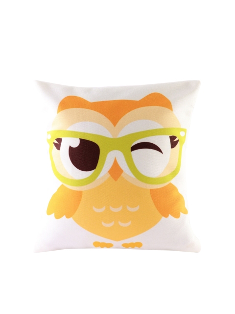 

Ferns N Petals Orange Owl Printed Square Cushion, White