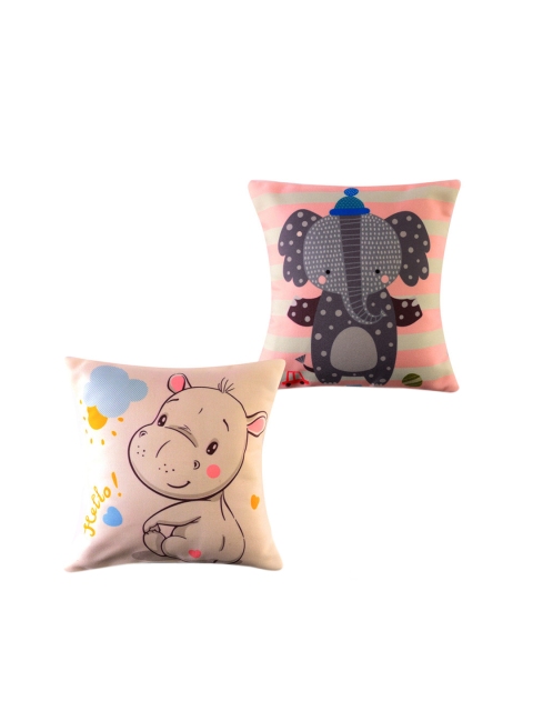 

Ferns N Petals Set Of 2 Cute Elephant & Hippo Printed Square Cushion, Peach