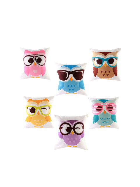 

Ferns N Petals Set Of 6 Cool Owls Printed Square Cushions, White