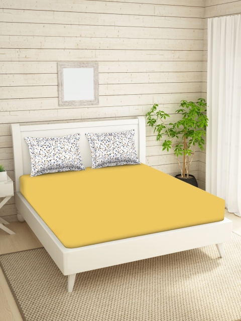 

SPACES Yellow & White 210 TC Pure Cotton Queen Bedsheet with 2 Pillow Covers