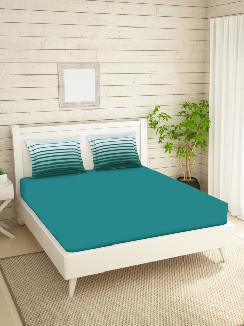 

SPACES Teal Green & White 210 TC Pure Cotton Queen Bedsheet with 2 Pillow Covers