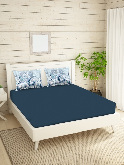 

SPACES Blue & White 210 TC Pure Cotton Queen Bedsheet with 2 Pillow Covers