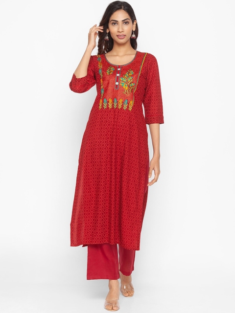 

ZOLA Women Maroon & Green Geometric Embroidered Thread Work Kurta