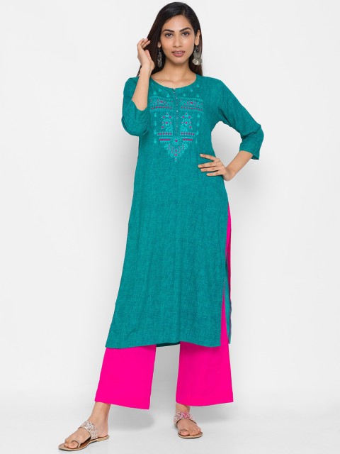 

ZOLA Women Teal & Pink Floral Embroidered Thread Work Kurta