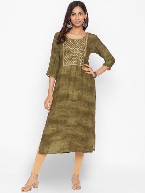 

ZOLA Women Olive Green Geometric Embroidered Kurta