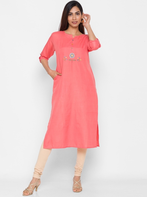 

ZOLA Women Peach-Coloured & Yellow Floral Embroidered Kurta
