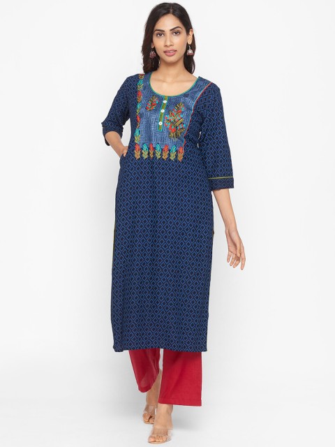 

ZOLA Women Navy Blue & Pink Geometric Embroidered Kurta