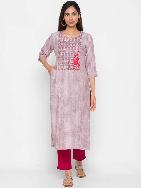 

ZOLA Women Lavender & Red Floral Printed Thread Work Kurta