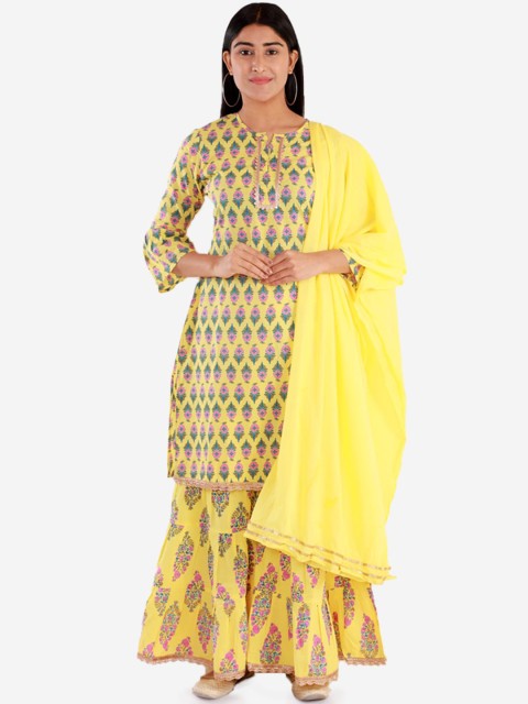 

Lil Peacock Women Yellow Ethnic Motifs Printed Regular Kurta with Sharara & With Dupatta
