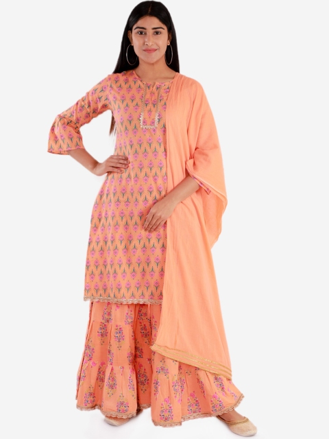 

Lil Peacock Women Orange Ethnic Motifs Printed Regular Kurta with Sharara & With Dupatta