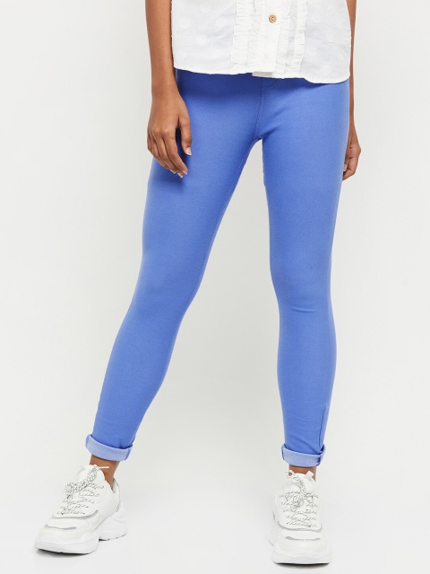 

max Women Blue Solid Skinny-Fit Cotton Jeggings