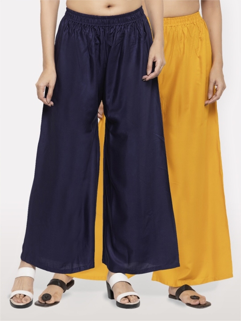 

NEUDIS Women Pack of 2 Navy Blue & Mustard Yellow Ethnic Palazzos