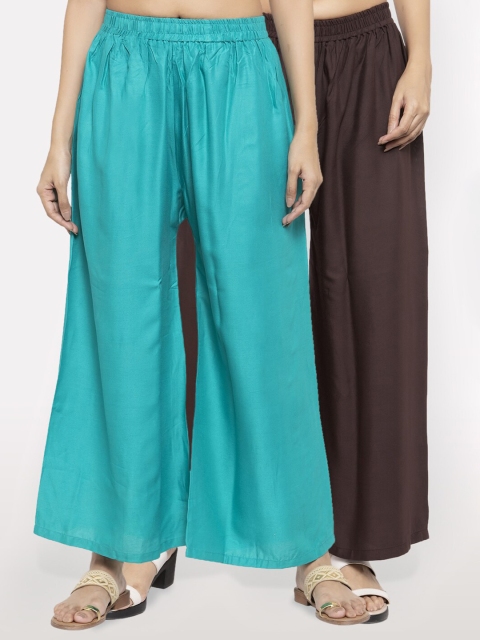 

NEUDIS Women Pack of 2 Teal & Brown Ethnic Palazzos