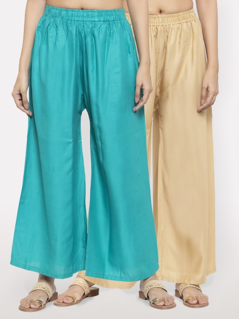 

NEUDIS Women Pack of 2 Teal & Beige Ethnic Palazzos