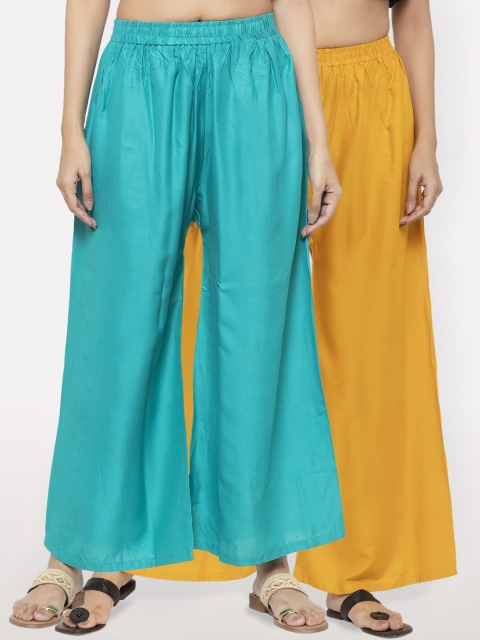 

NEUDIS Women Pack of 2 Teal & Mustard Yellow Ethnic Palazzos