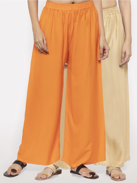 

NEUDIS Women Pack of 2 Orange & Beige Ethnic Palazzos