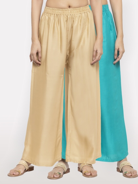 

NEUDIS Women Pack of 2 Beige & Teal Ethnic Palazzos