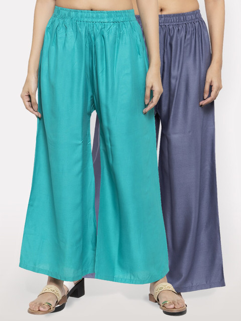 

NEUDIS Women Pack of 2 Teal & Grey Ethnic Palazzos