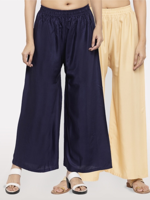 

NEUDIS Women Pack of 2 Navy Blue & Beige Ethnic Palazzos