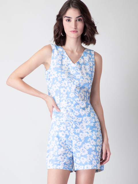 

FabAlley Blue Printed Back Tie Cut Out Cotton Jumpsuit