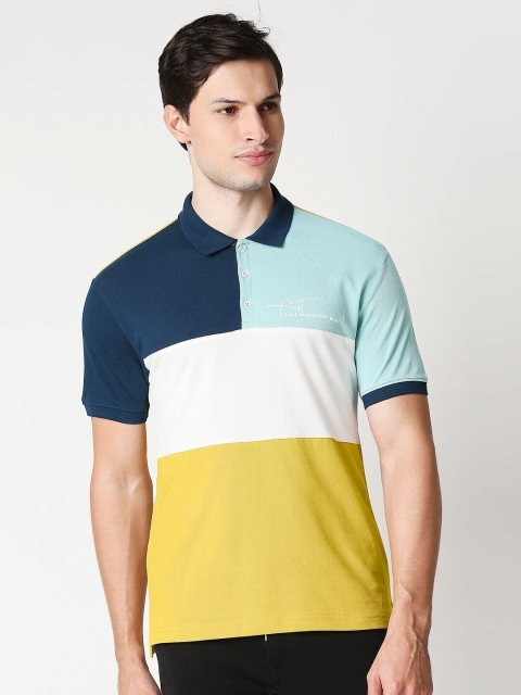 

Bewakoof Men Yellow & Blue Colourblocked Polo Collar Cotton T-shirt